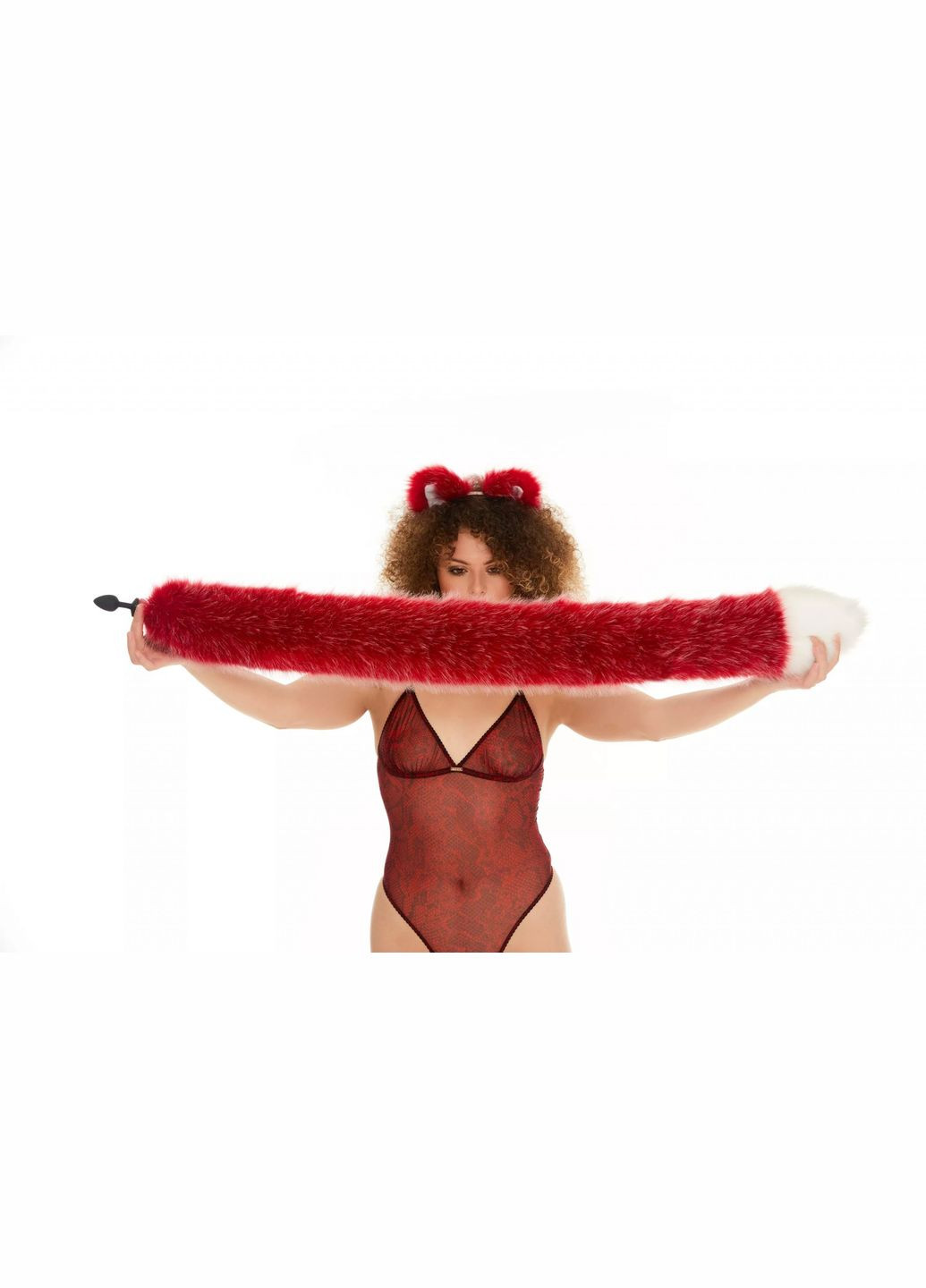 Анальный меховой хвост без пробки, Темно-красный с белым кончиком, 100 см. OKOVA (315148940)