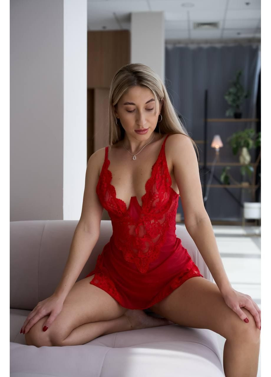 Пенюар мереживний із трусиками. Пенюар жіночий прозорий червоного кольору з мереживом і комплектом трусиків. No Brand (366571762)