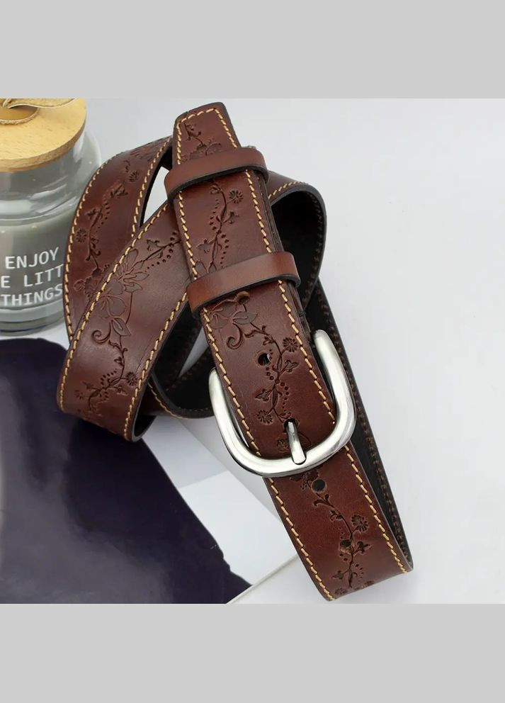 Ремень кожаный женский с цветами коричневый батал SF-3531 (145 см) SFIP (330224875)