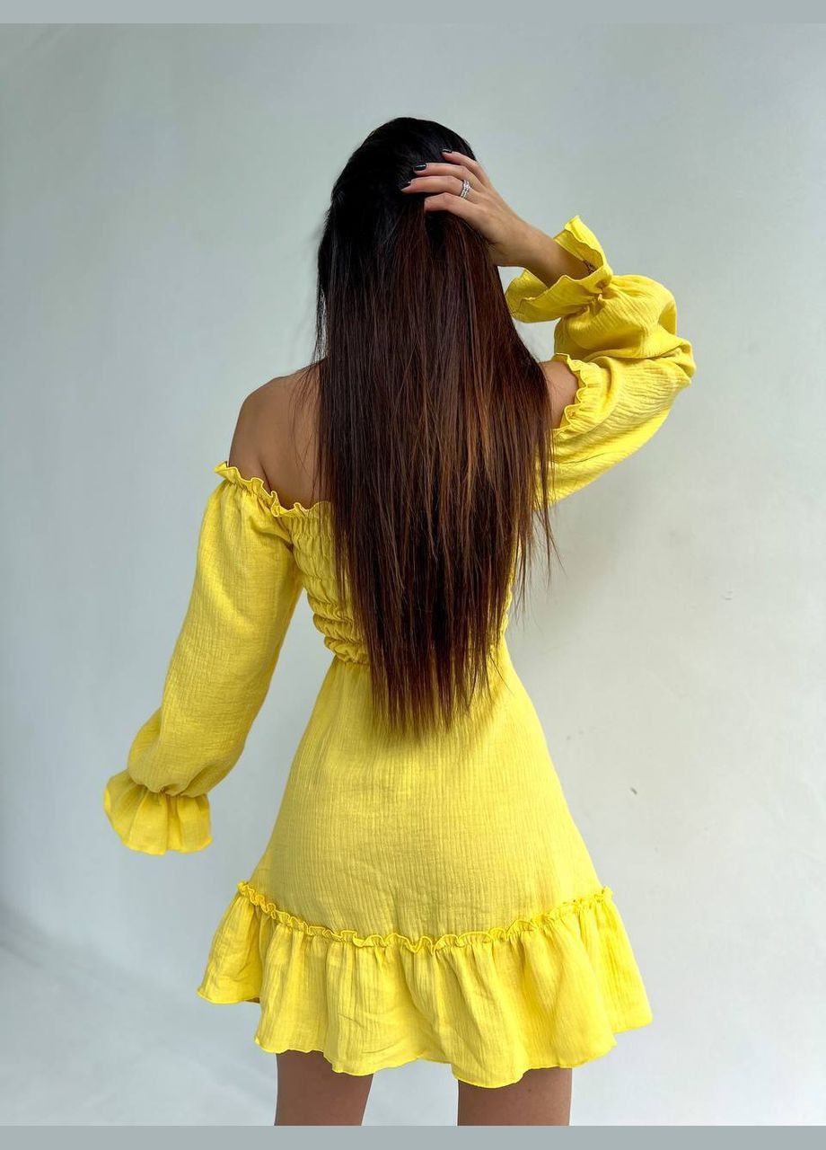 Желтое женское платье из натуральной ткани No Brand