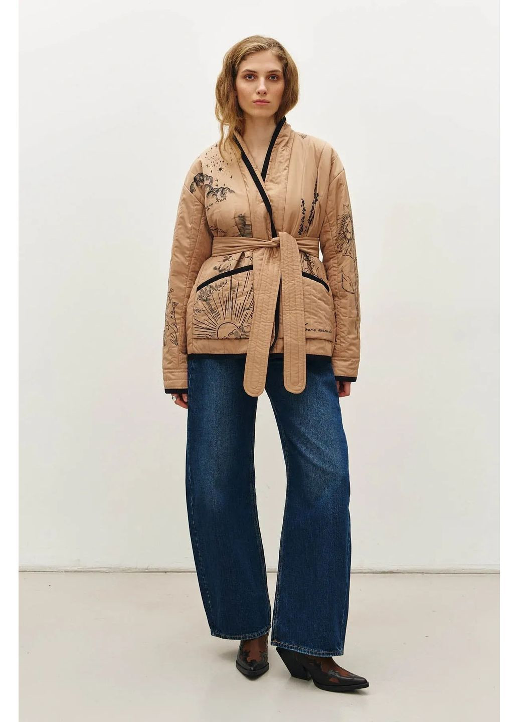 Бежева демісезонна куртка-кімоно з принтом, колір бежевий Rica Mare