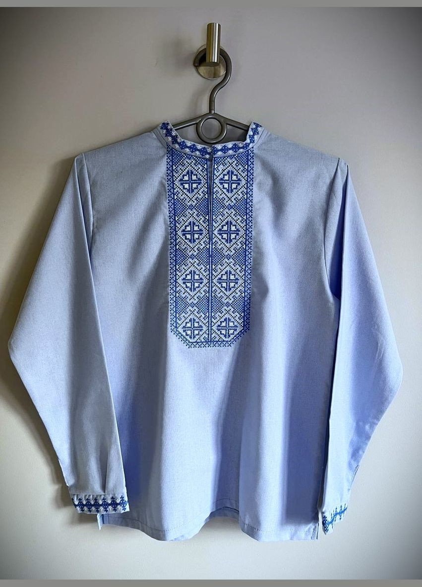 Голубая детская вышиванка на мальчика с сине-голубым орнаментом – лен узор орнамент лен (333616099)
