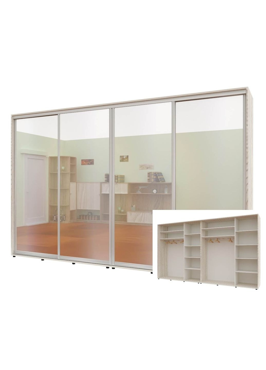 Шкаф-купе четырехдверный Комфорт Мебель 380*60*210 см Дуб Беленый 4 двери Зеркало Стандарт Комфорт Меблі (360477665)