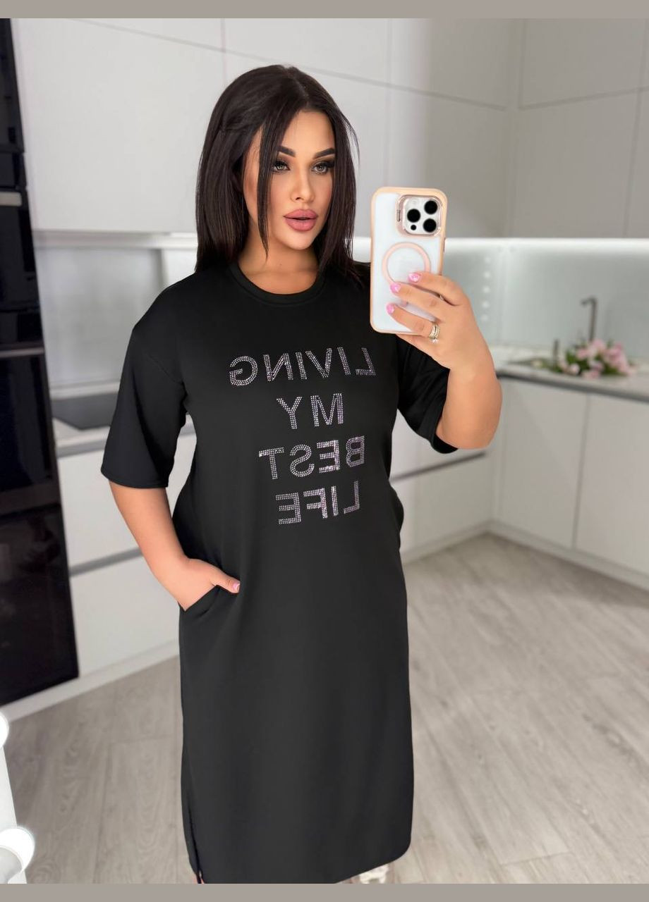 Черное спортивное, повседневный, деловое, вечернее, кэжуал женское платье-рубашка рубашка No Brand с надписью