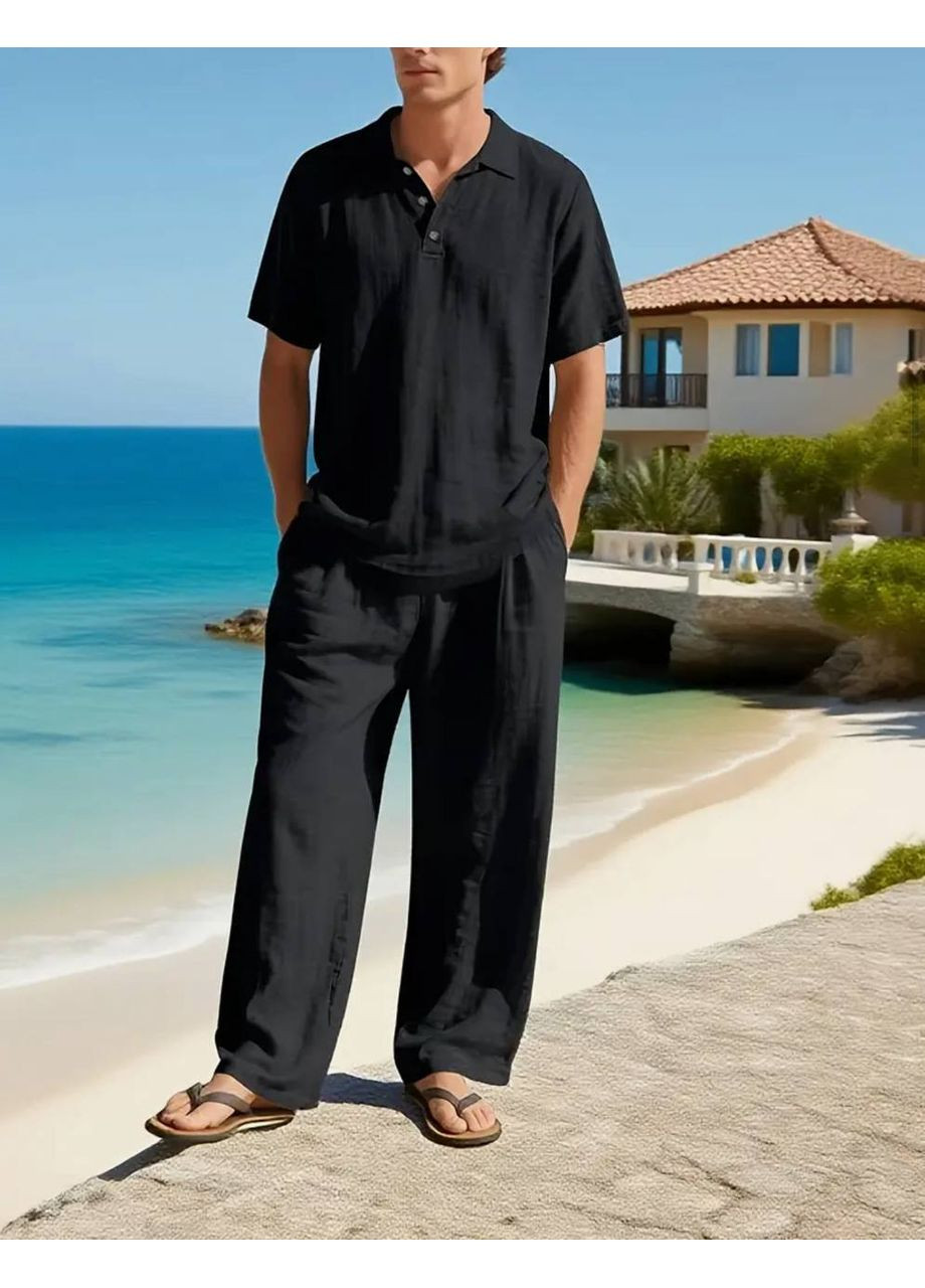 Чорний літній чоловічий костюм з льону сорочка-поло та штани вільного фасону брючний MonCher