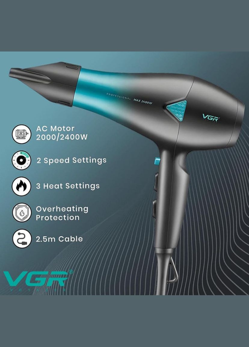 Фен для укладання та сушіння волосся 2000 Вт 2 режими швидкості синій (2390000038) VGR V-455 (344465710)