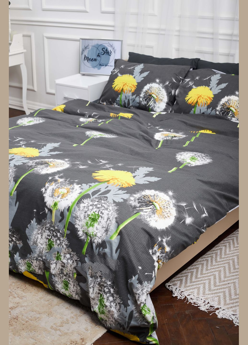 Комплект постельного белья семейный 143х210х2 наволочки 2х40х60 Бязь Gold Люкс (MS-820000930) Moon&Star Dandelion Black (285717234)