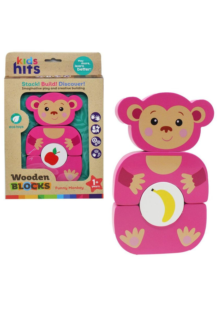 Дерев'яний конструктор блоковий для малюків "Wooden Block: Мавпа", 4 елементи (KH20/002) Kids Hits (362433392)
