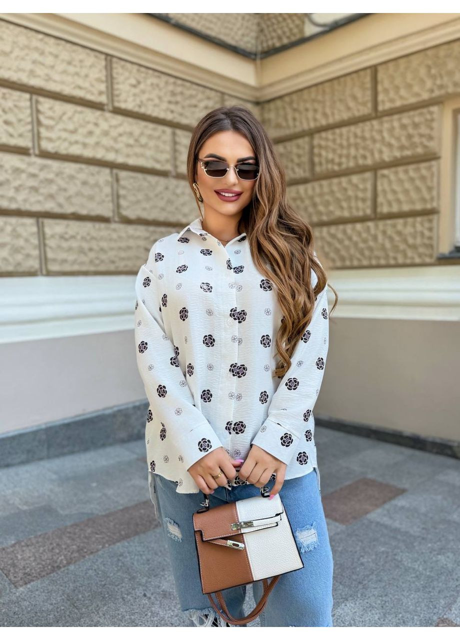 Молочная повседневный рубашка с цветами Гермес с длинным рукавом