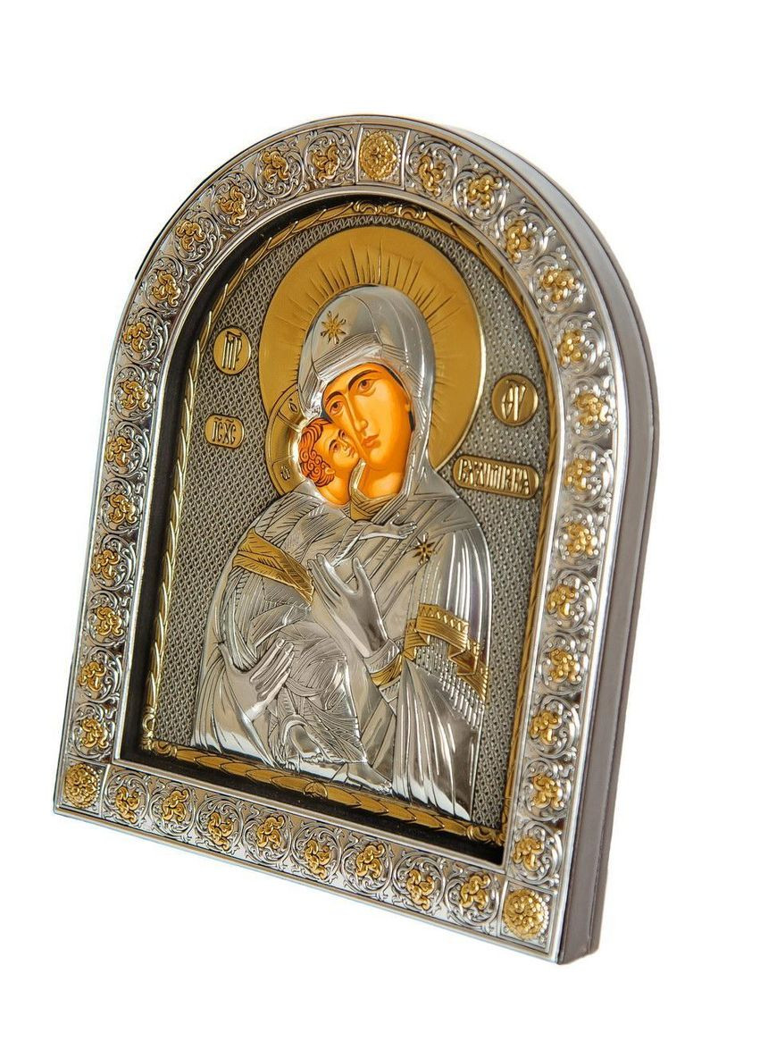 Володимирська 21х26 см Срібна Ікона Божої Матері під Склом, обгорнута темною шкірою (Греція) Silver Axion (266266211)