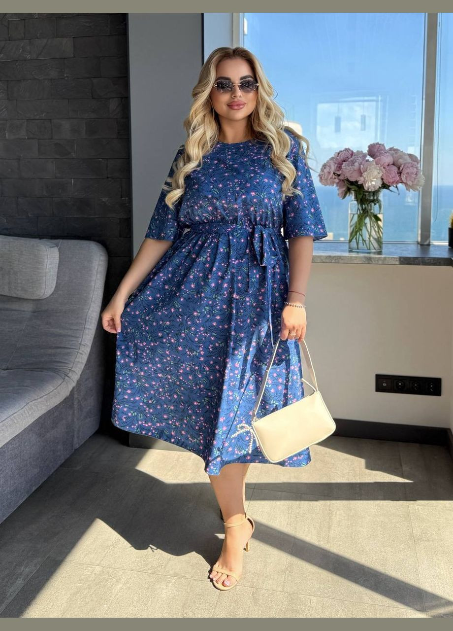 Синее повседневный платье меди с поясом и цветочным принтом MonCher с цветочным принтом