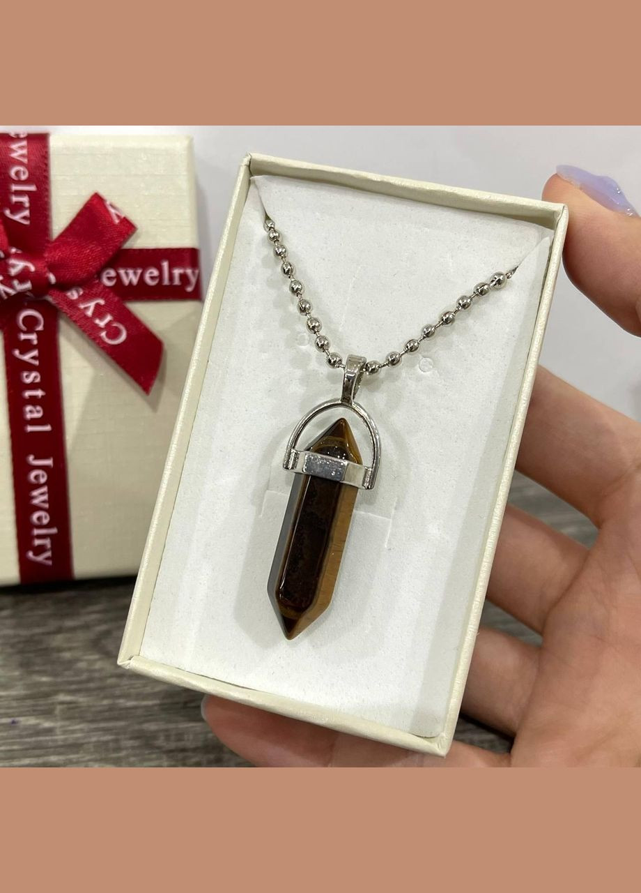 Кулон с натуральным камнем Тигровый глаз в виде кристалла шестигранника на цепочке в подарочной коробочке Овен (326807802)