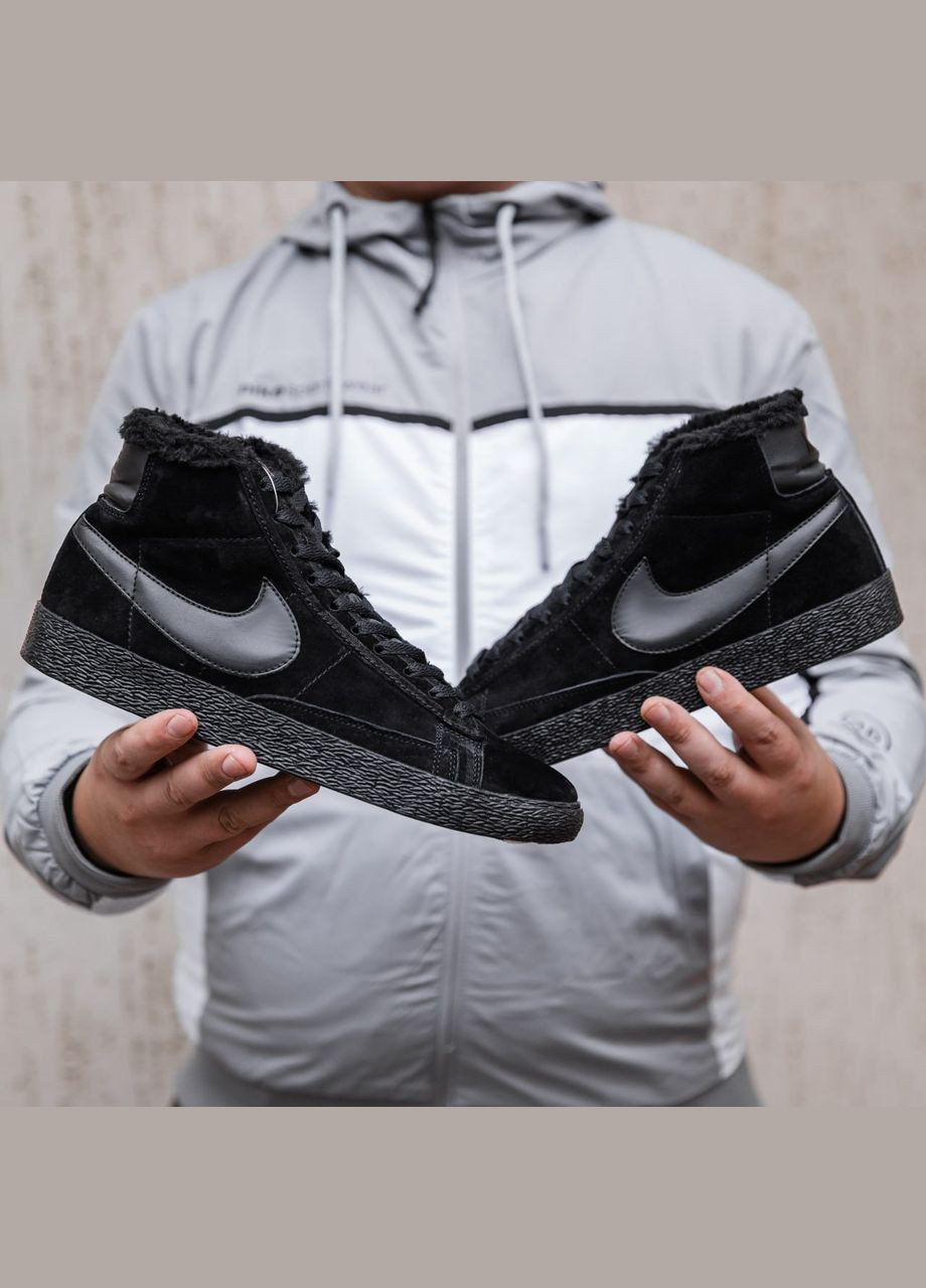 Черные зимние кроссовки зимние мужские nike blazer mid 77 vintage winter black fur | найк блейзер 77 высокие черные с мехом No Brand
