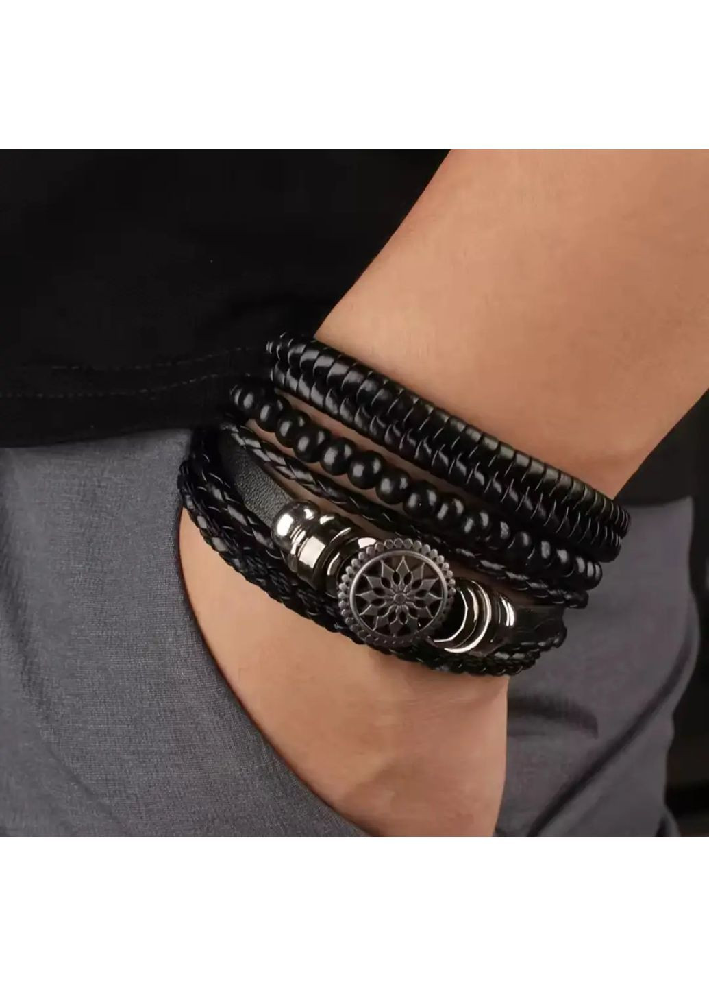 Чоловічий браслет на руку з ювелірної сталі та каміння,готичний комбінований ланцюжок No Brand (368695231)