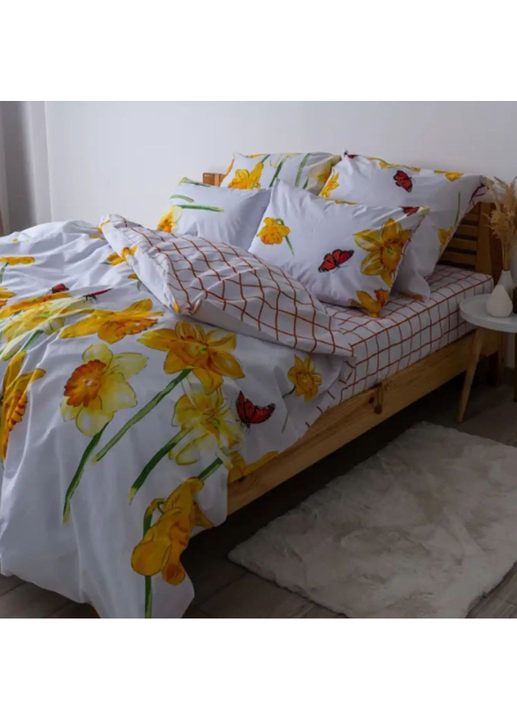 Двоспальний комплект постільної білизни Бязь з наволочками 70*70 см, 115 гр/м2 Нарцис Білий з жовтим (19520180215) ТЕП (365851734)