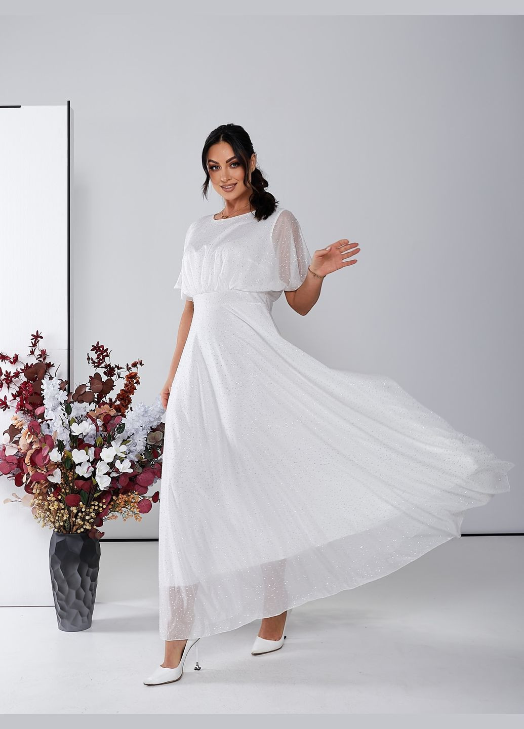 Білий святковий шифонова сукня максі з глітером дзвін No Brand однотонна