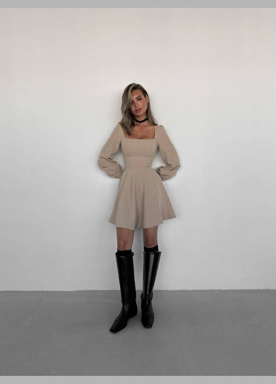 Бежева вечірня сукня з рукавами ліхтариками кльош No Brand однотонна