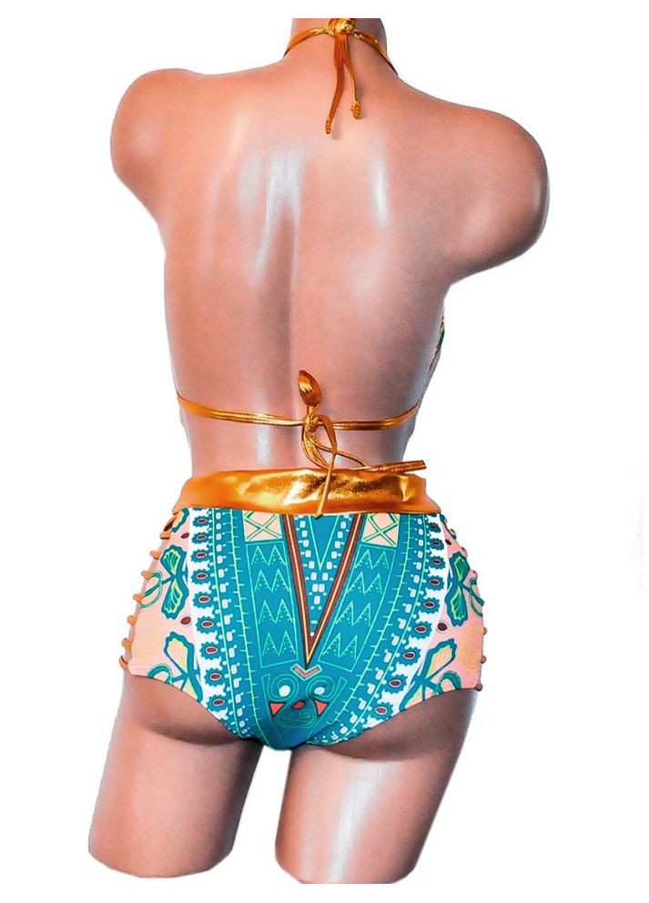 Бирюзовый летний купальники с высокими плавками в стиле африканской этники модель 0052 арт. бикини, раздельный No Brand
