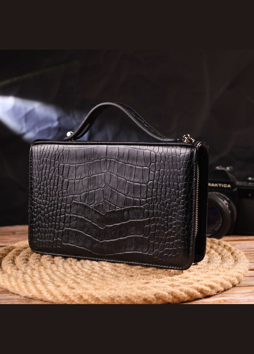 Стильная мужская барсетка на два отделения из натуральной фактурной кожи с тиснением под крокодила 21570 Черная Canpellini (298569672)