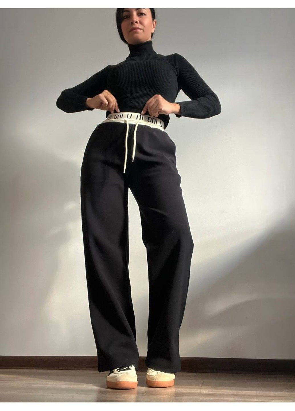 Брюки жіночі A-N 2750 щільний трикотаж рівні від стегна біла резинка на талії шнурок No Brand (305232853)