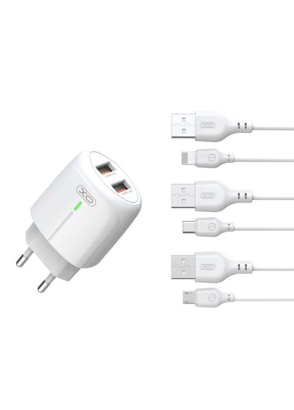 Сетевое зарядное устройство L111 адаптер 2USB/2.4А с LED-индикатором + Type-C white XO (333827764)