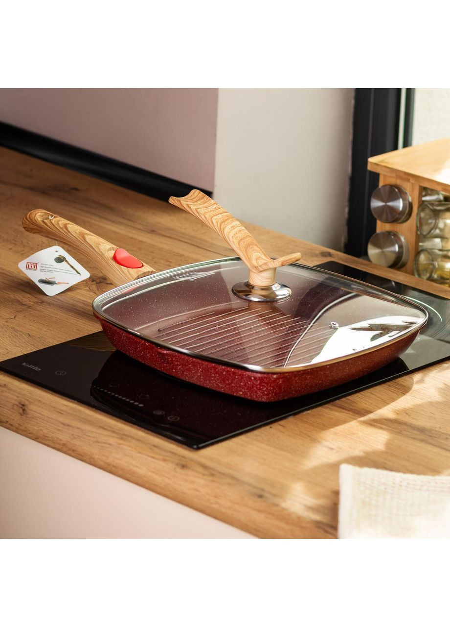 Алюмінієва сковорода-гриль 28 см зі скляною кришкою Square Red HP-4-462R MGC (368767338)