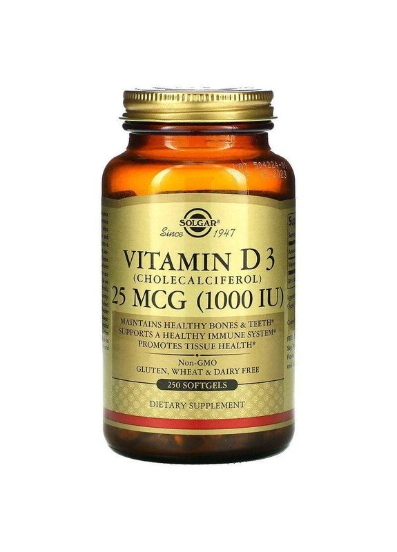 Вітамін D3 (холекальциферол), Vitamin D3,, 25 мкг (1000 МО), 250 гелевих капсул Solgar (362369491)