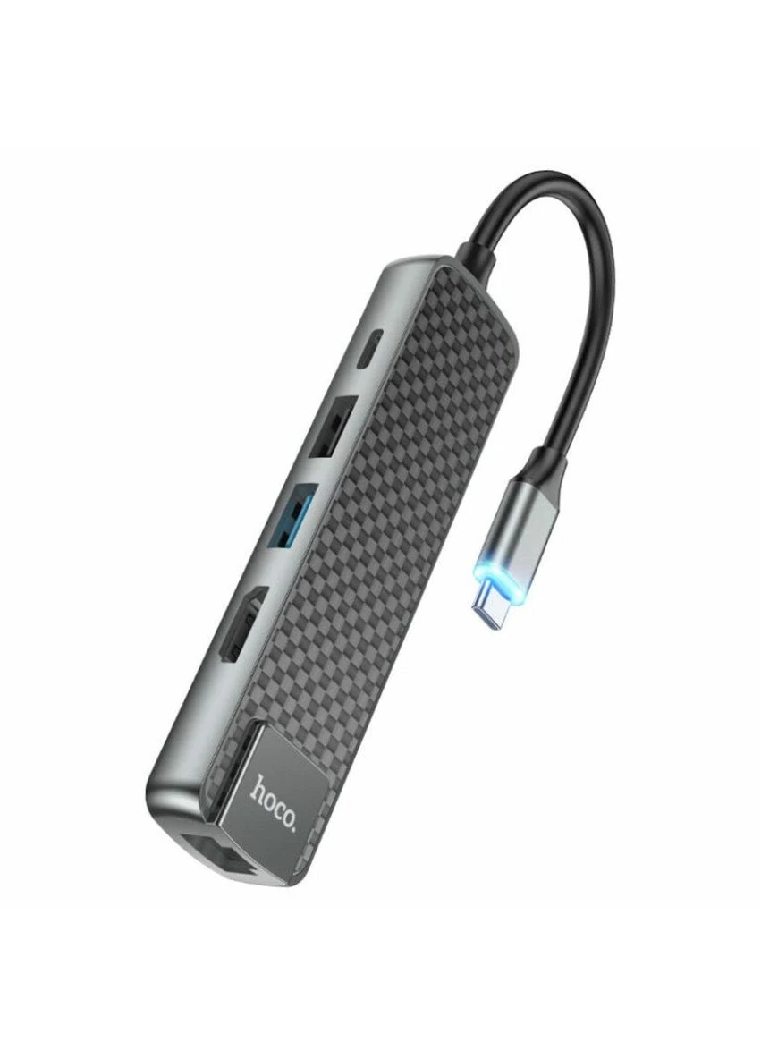 Кабель-переходник HB23 Easy view Type-C Multifunction Adapter (HDTV+USB3.0+USB2.0+RJ45+PD) Metal Gray Hoco (355412580)