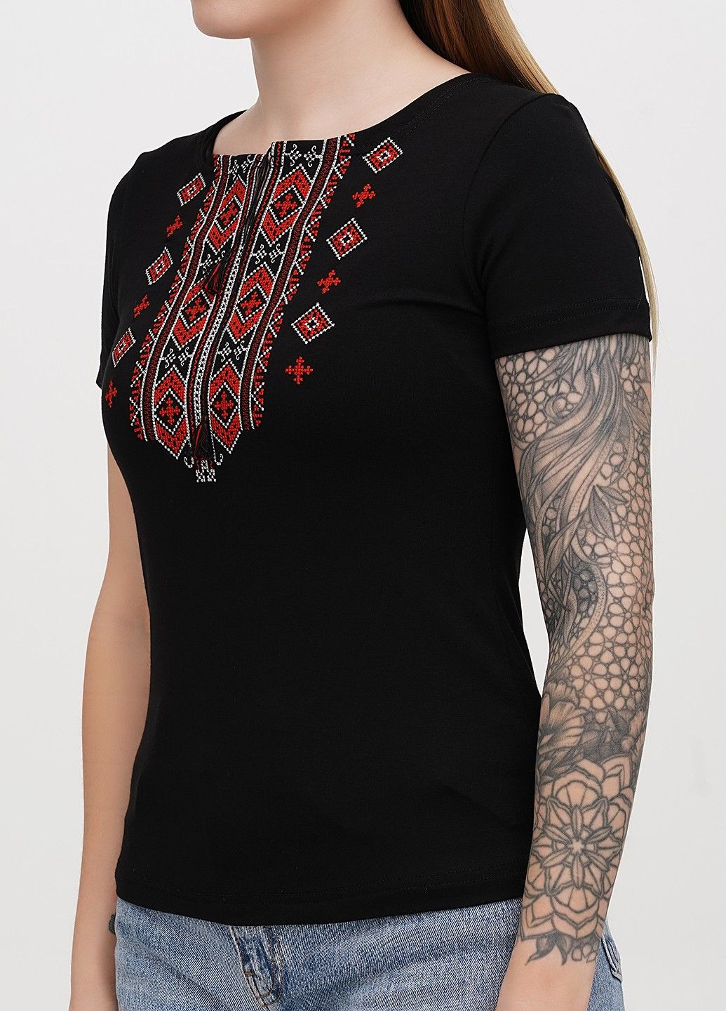 Чорна жіноча вишита футболка гуцулка червона, чорна Lesia (341326235)