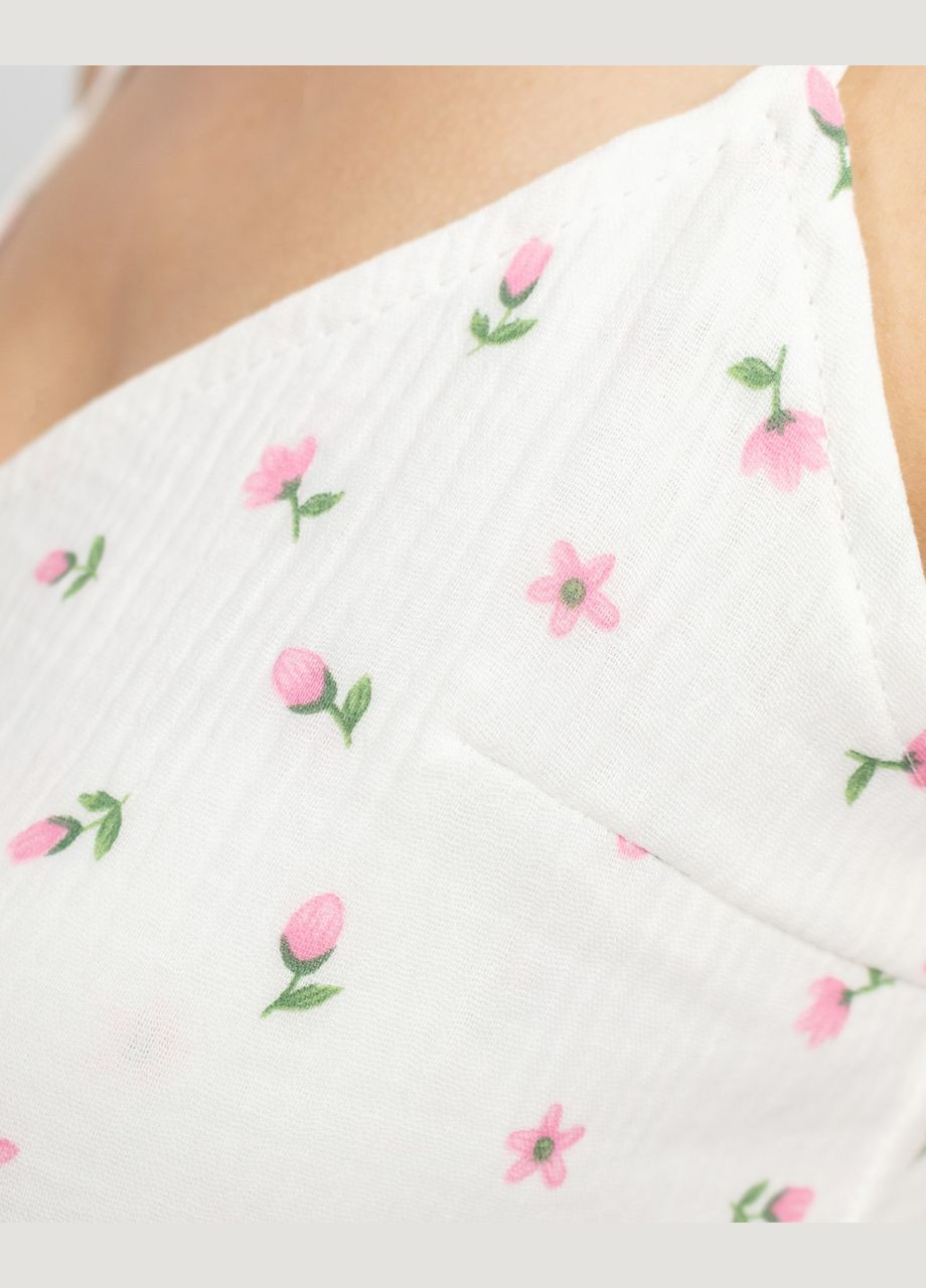 Белая всесезон пижама женская из муслина майка и шорты розовые тюльпаны Maybel