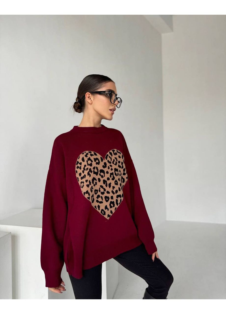 Темно-вишневий демісезонний жіночий светр oversize з леопардовим серцем Україна