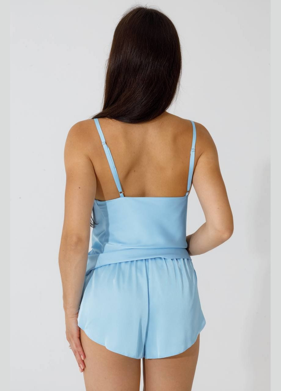 Блакитна шорти + майка + халат з італійського шовку, блакитна, коротка на бретельках Shine
