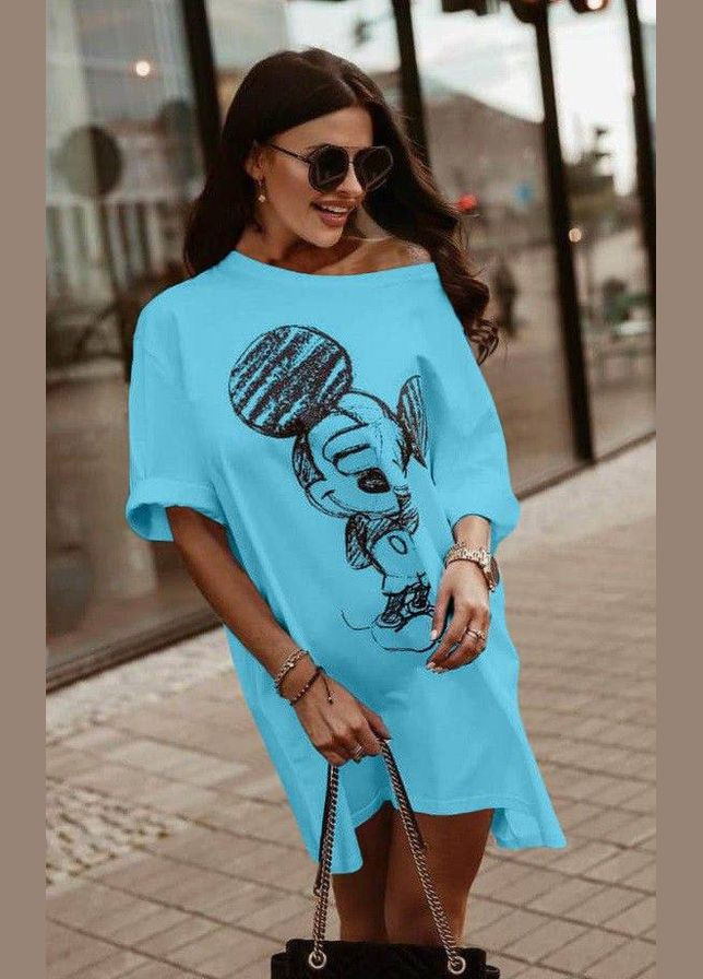 Голубое повседневный женское платье-туника оверсайз с принтом. MonCher