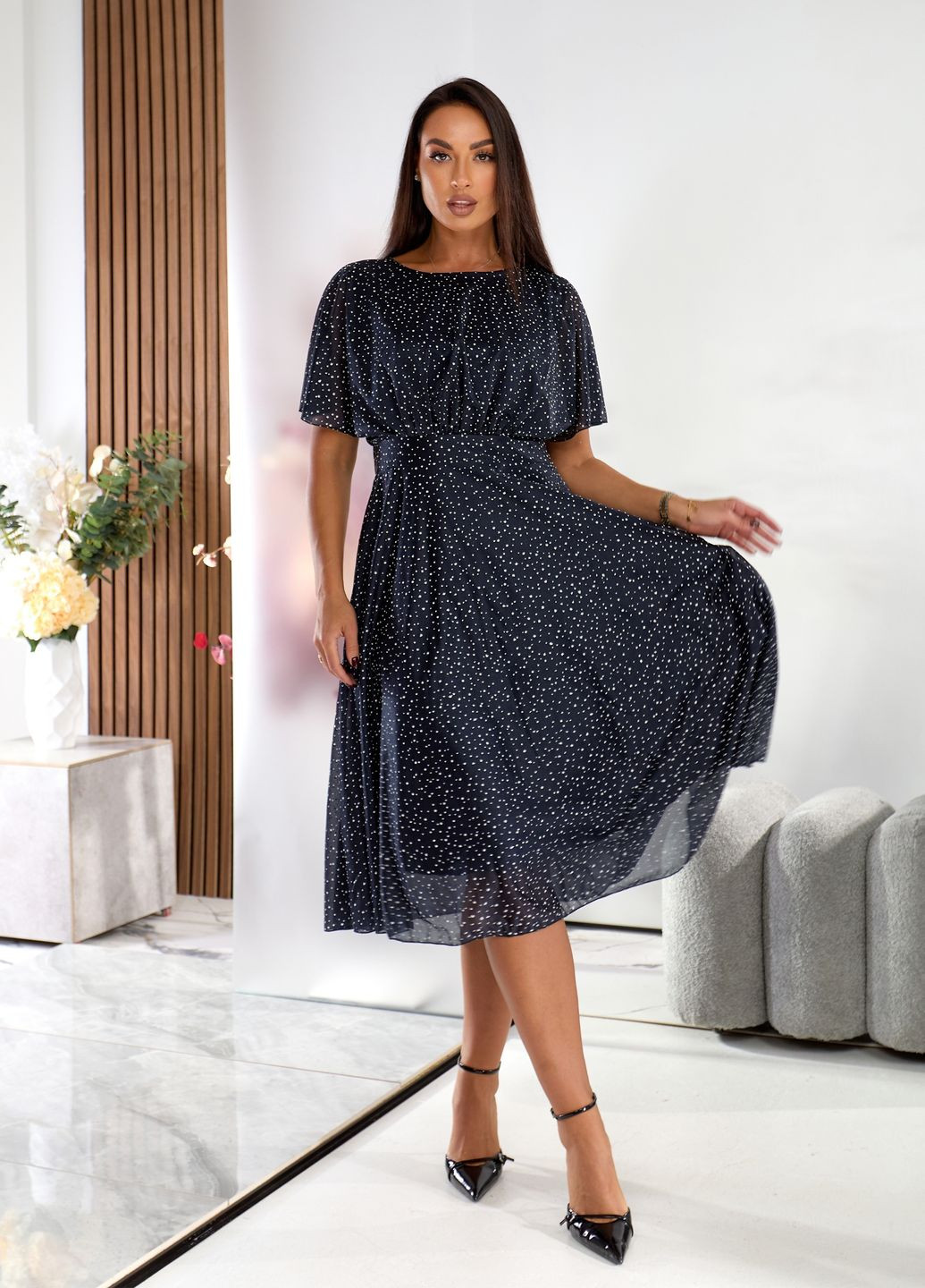 Темно-синее праздничный, коктейльное, вечернее шифоновое платье праздничное с глиттерным напылением оверсайз, колокол, а-силуэт No Brand однотонное