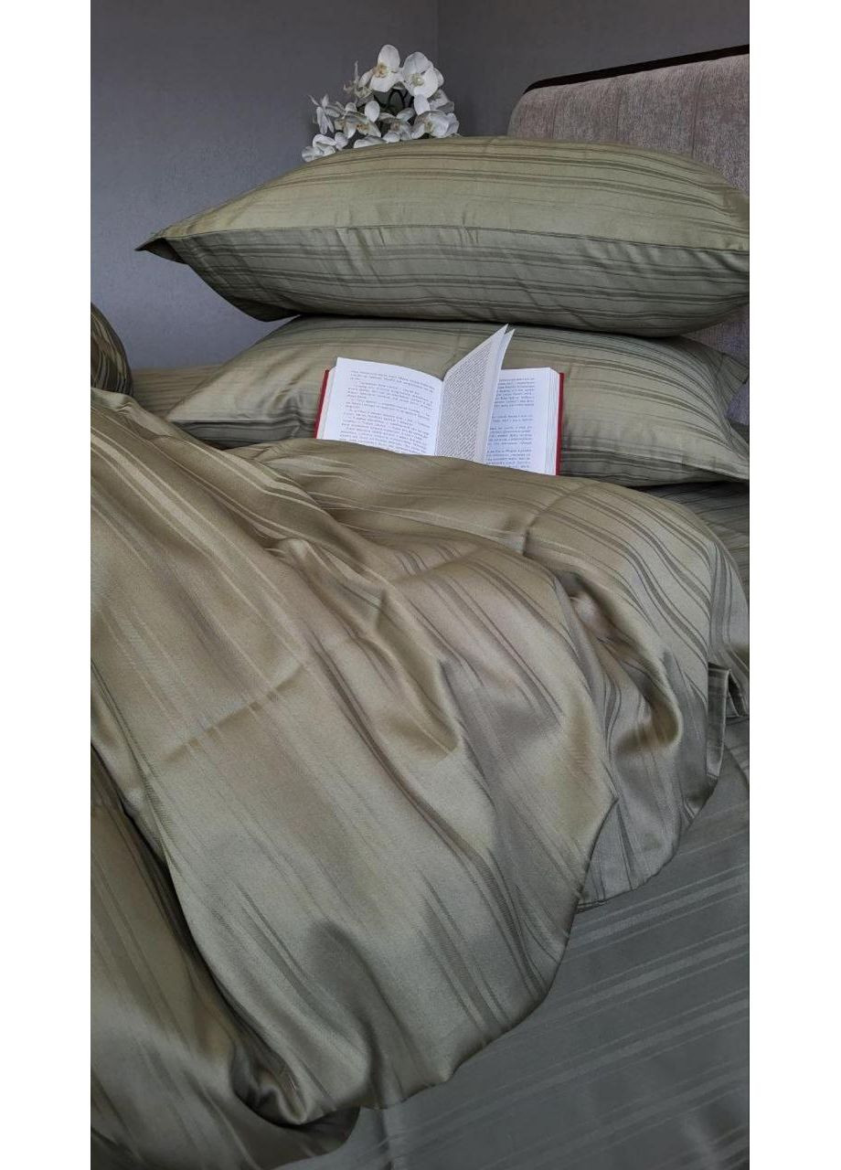 Постільна білизна Мульти страйп сатин олива, PREMIUM Полуторний розмір, наволочки 50/70 No Brand (364216680)
