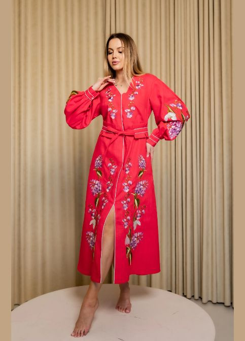 Коралловый зимний женское вышитое платье первоцвет коралловое Galychanka 7042