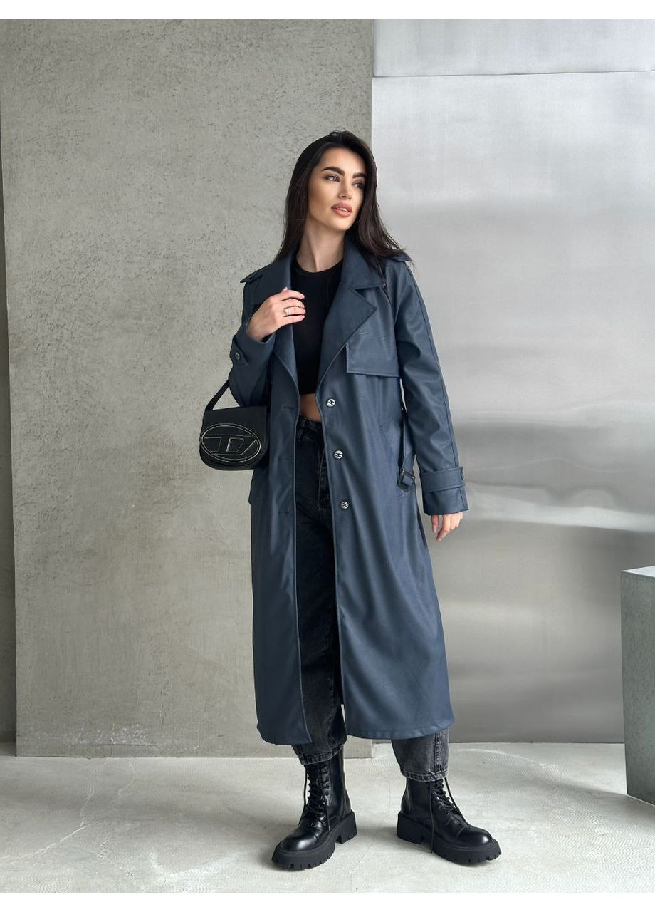 Стильний жіночий тренч із екошкіри з підкладкою — структурна тканина (заміри в описі) GD/GL Модний простір на гудзиках демісезон (368760643)