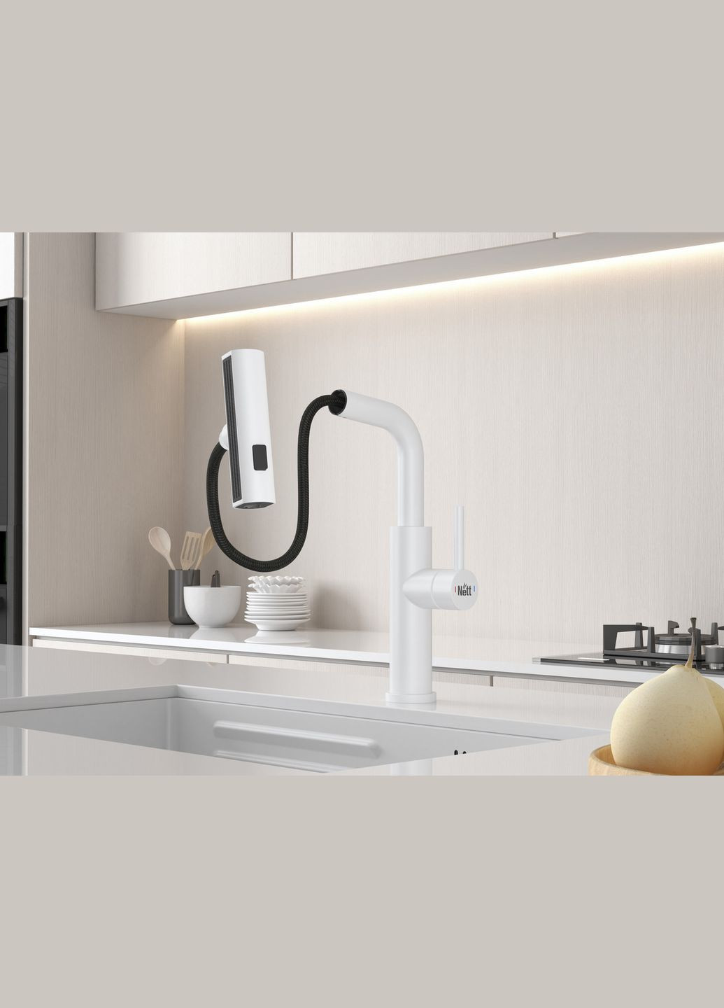 Змішувач на кухню водоспад з висувною лійкою білий LW-35 Nett (337718082)