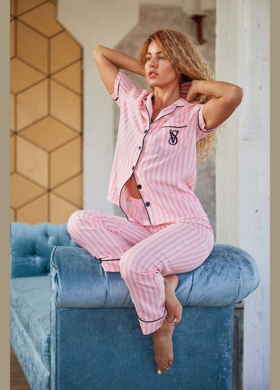 Розовая всесезон стильная пижама в розовую полоску рубашка + брюки No Brand