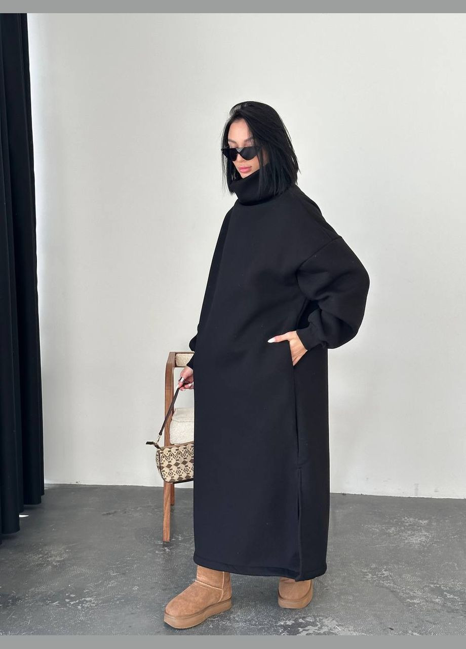 Чорна повсякденний, кежуал, джинсова жіноча сукня оверсайз з тринитки з начесом і високим коміром InFashion однотонна