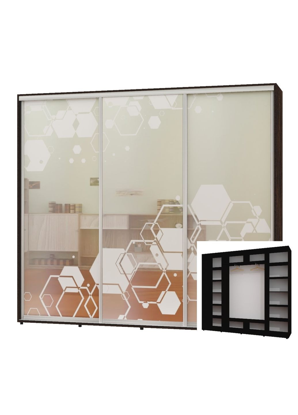 Шкаф-купе трехдверный 250*45*220 Венге магия Зеркало с пескоструйным рисунком ШК-05 Алекса (360478812)