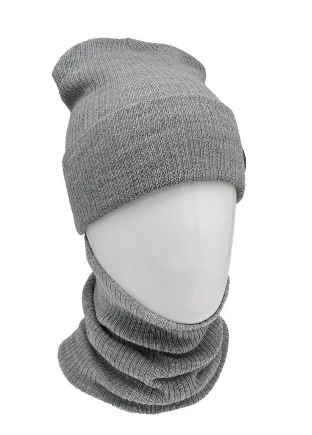 Зимняя женская шапка + бафф комплект светло-серая, трикотажная из акрила, теплая, эластичная, универсальный размер No Brand (363052215)