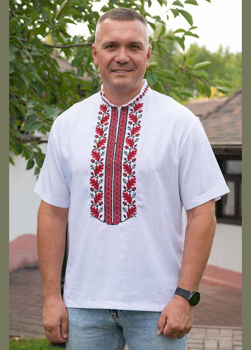 Біла біла лляна чоловіча вишиванка з червоним візерунком, сорочка з коротким рукавом візерунок орнамент приталена, вільна, пряма льон (317565274)