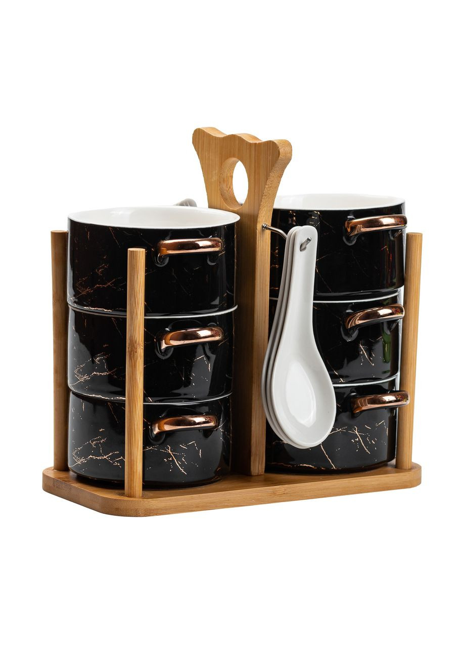 Набір бульйонниць керамічних з ложками для супу 12 предметів на підставці, чорний Yiwu (322503836)