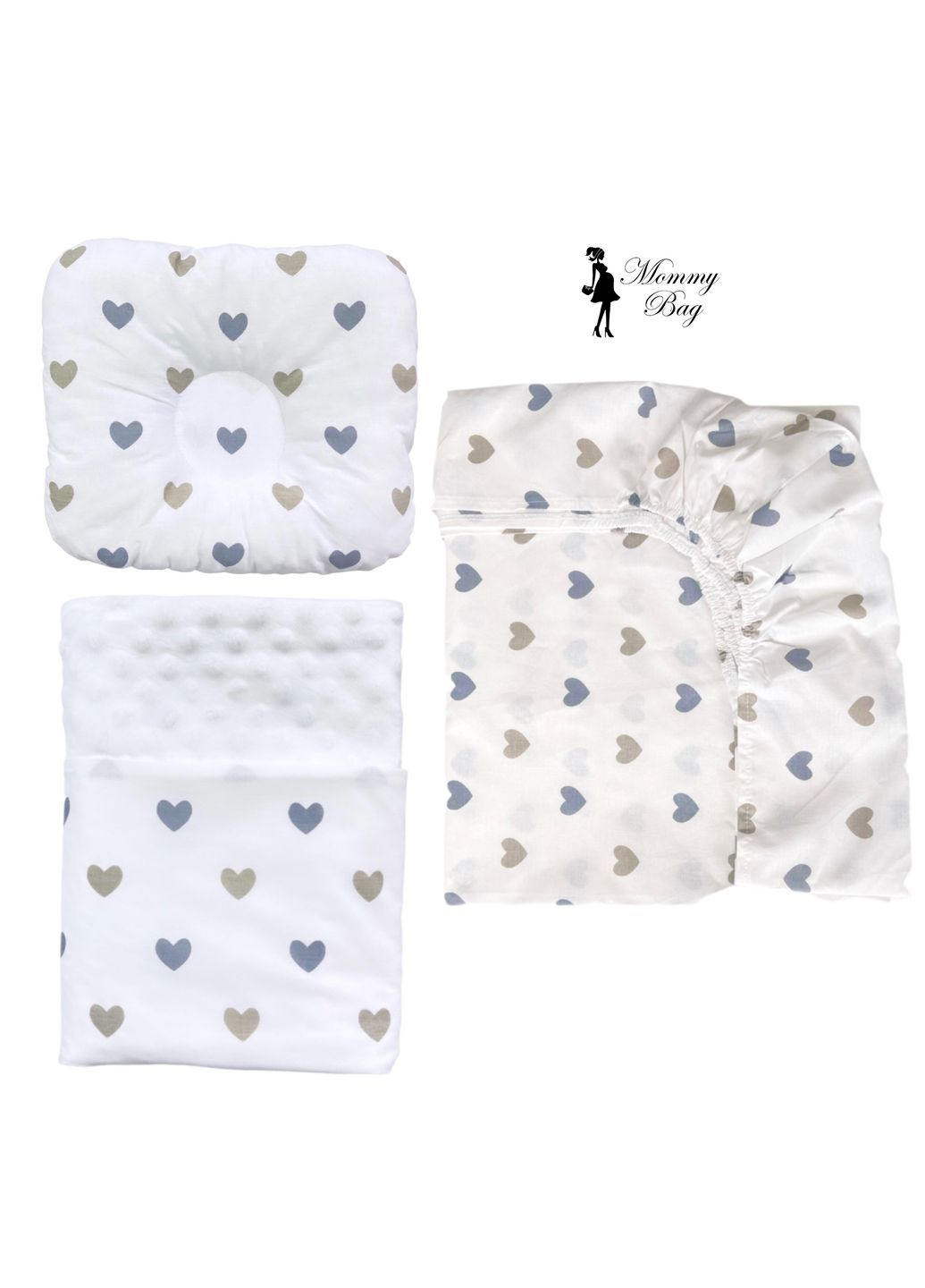 Набор 3в1 в детскую кроватку RoyalBaby – №28 Сердечки серозолотые с пледом Mommy Bag (285720513)