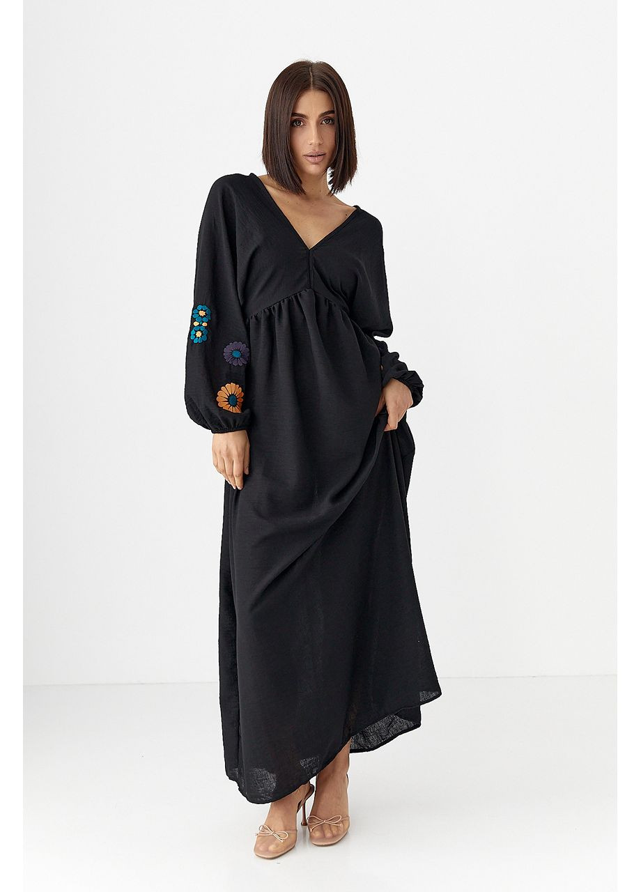Черное праздничный, повседневный, вечернее длинное платье с вышитыми цветами No Brand с цветочным принтом
