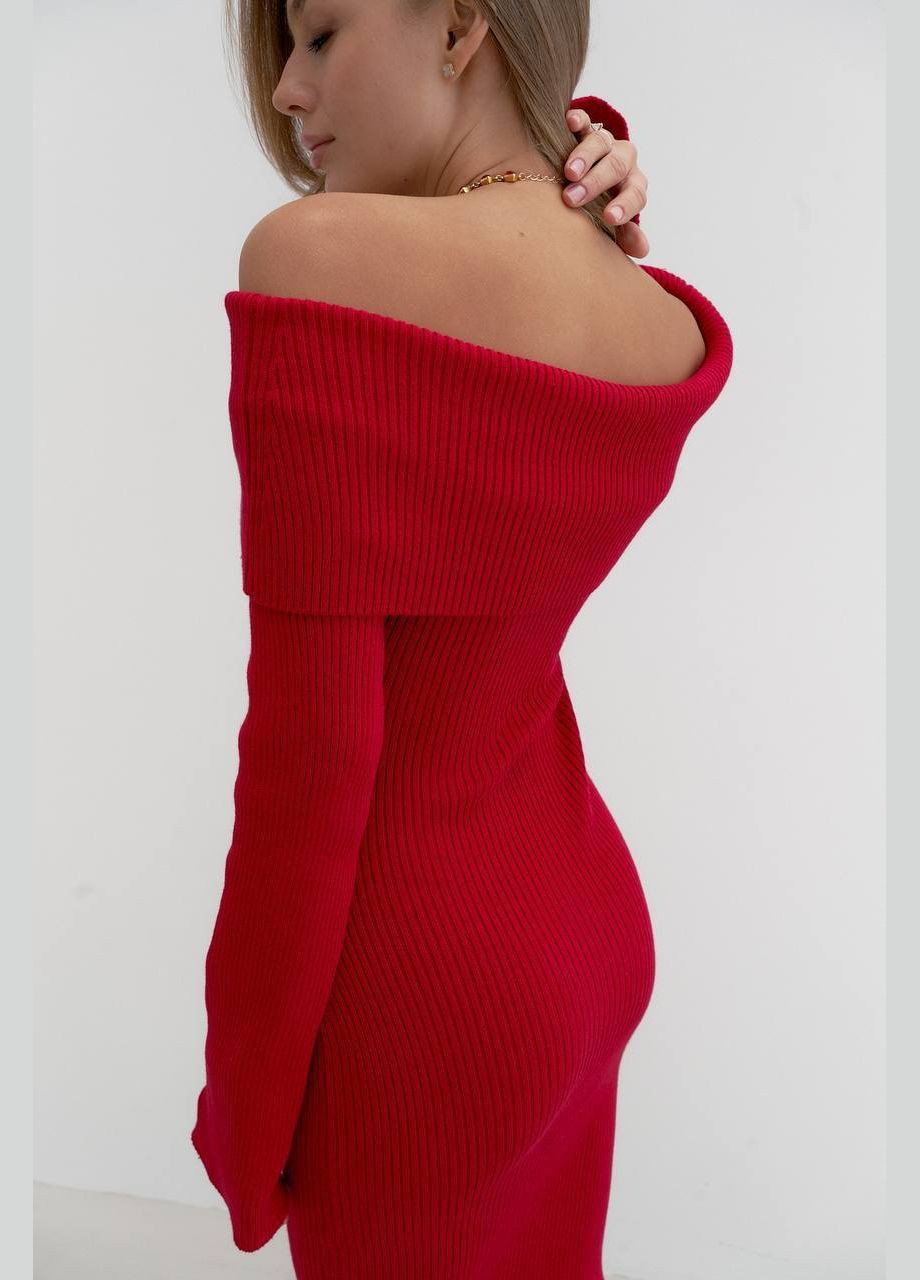 Красное праздничный, повседневный, кэжуал миди платье в рубчик с отворотом и открытыми плечами силуэтная Україна однотонное