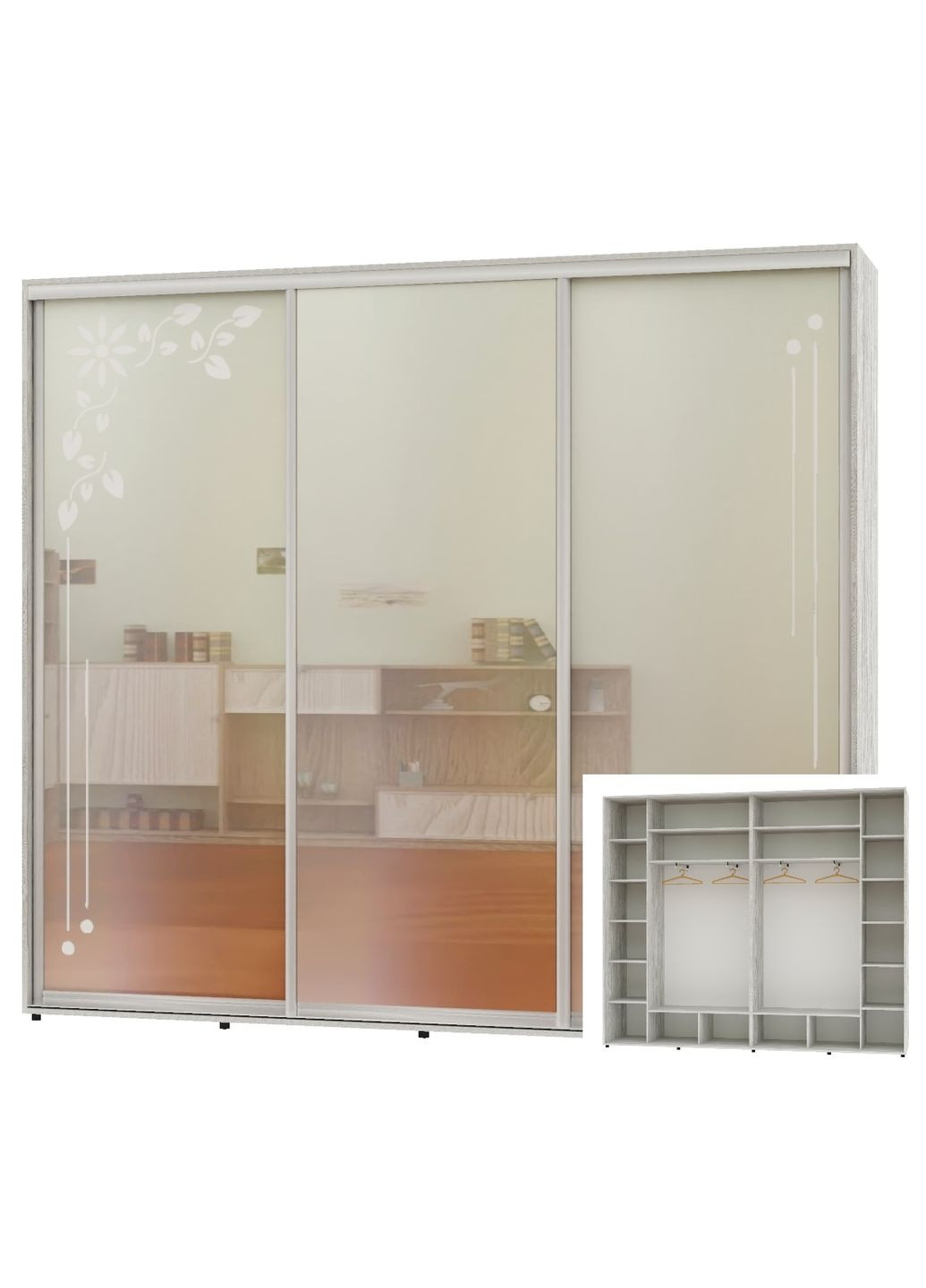 Шафа-купе тридверна 300*45*220 Сосна Натті 2 Дзеркала з піскострумним малюнком/Дзеркало Люкс-149 Алекса (360445519)