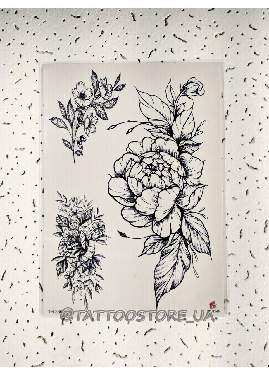 Тимчасове тату Чорні квіти 21х15 см набір 23, Fine Line, контурні Tattoo (367623480)