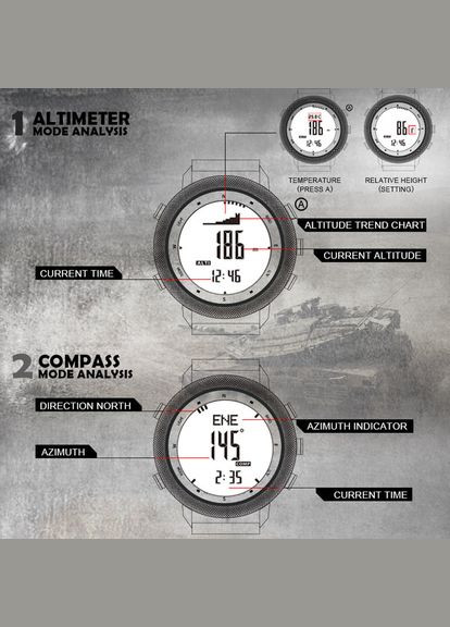 Тактические часы для военных Apache 46 (водостойкость 50 метров, компас, барометр, высотомер, термометр) North Edge (333695280)